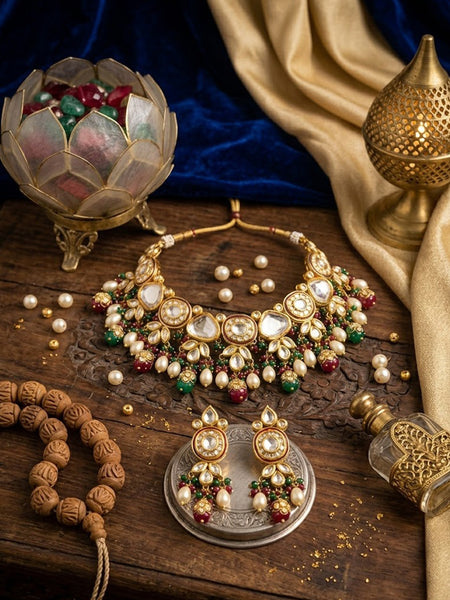 Traditional Faux Polki Brass Necklace Set with Shell Pearls & Onyx Beads
