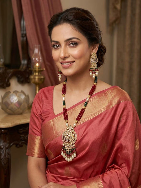 Elegant Peacock Design Brass Necklace Set with American Diamonds, Shell Pearls & Onyx