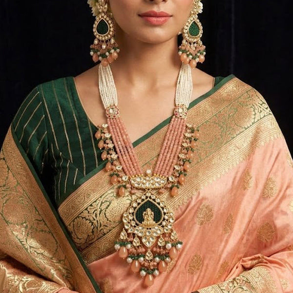 Royal Ganesha AD Polki Long Necklace Set with Shell Pearls & Onyx  Brass Temple Jewelry