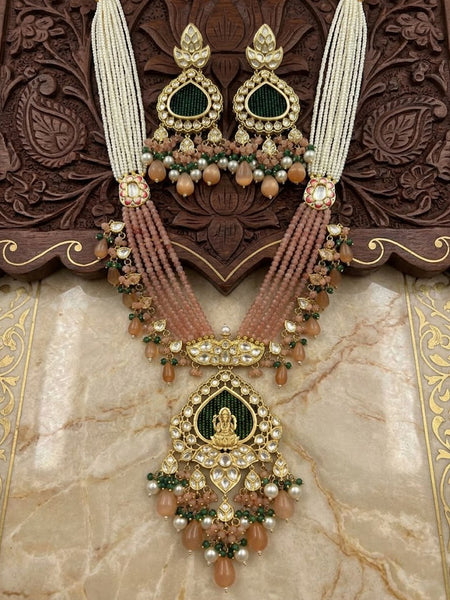 Royal Ganesha AD Polki Long Necklace Set with Shell Pearls & Onyx  Brass Temple Jewelry