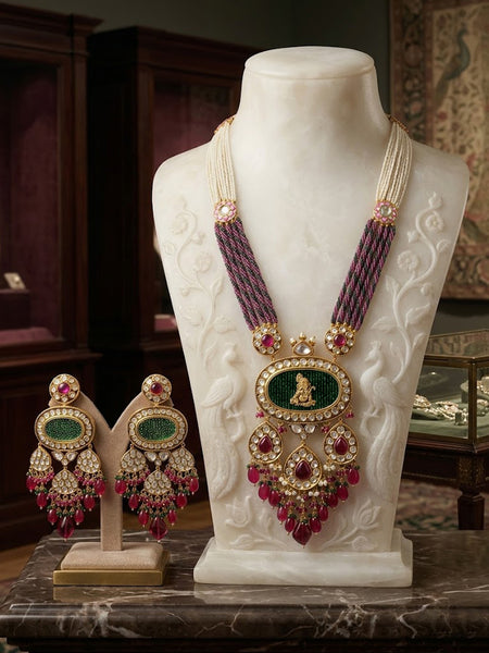 Royal Ganesha AD Polki Pendant Necklace Set with Shell Pearls & Onyx