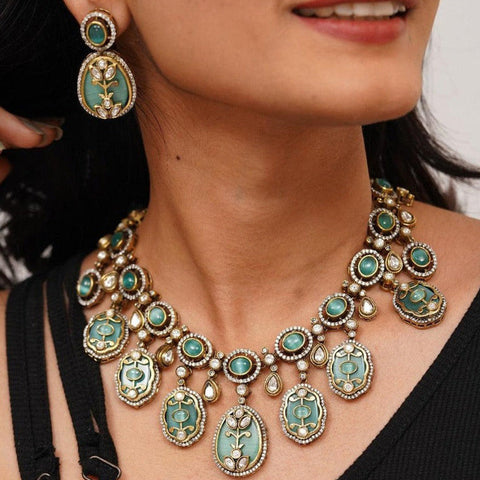 Antique Green Meenakari Necklace Set with Kundan Work  Handcrafted Ethnic Jewelry