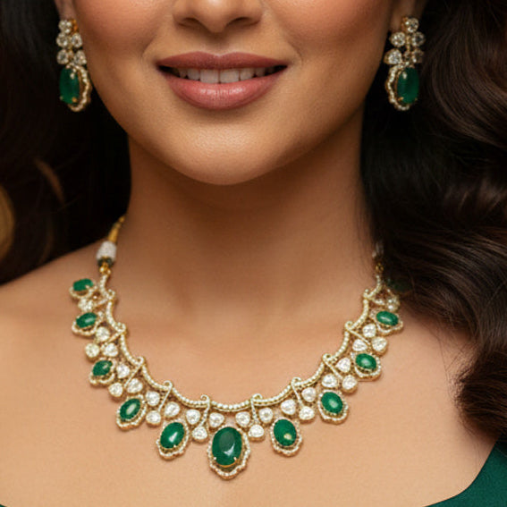 Emerald Green Victorian Polki Necklace Set with CZ Detailing