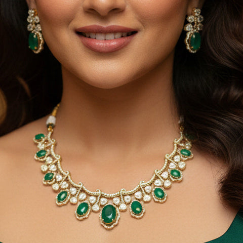 Emerald Green Victorian Polki Necklace Set with CZ Detailing