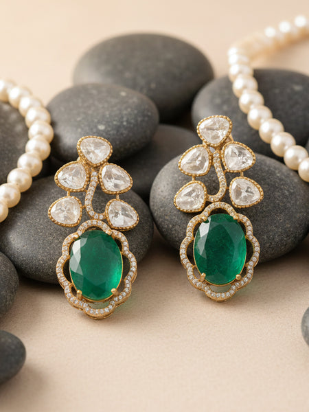 Emerald Green Victorian Polki Necklace Set with CZ Detailing