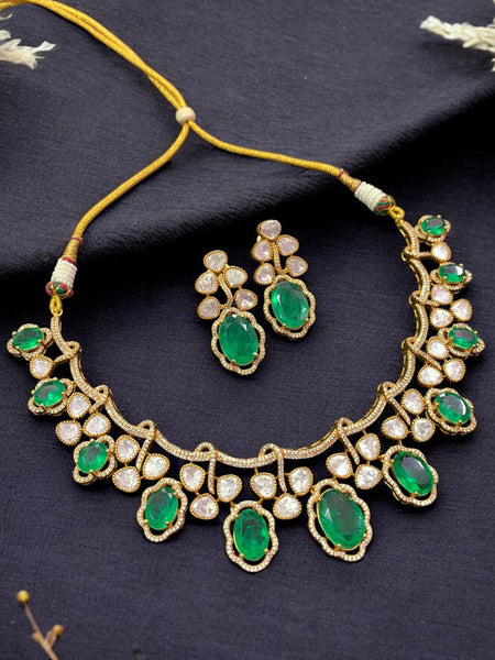 Emerald Green Victorian Polki Necklace Set with CZ Detailing