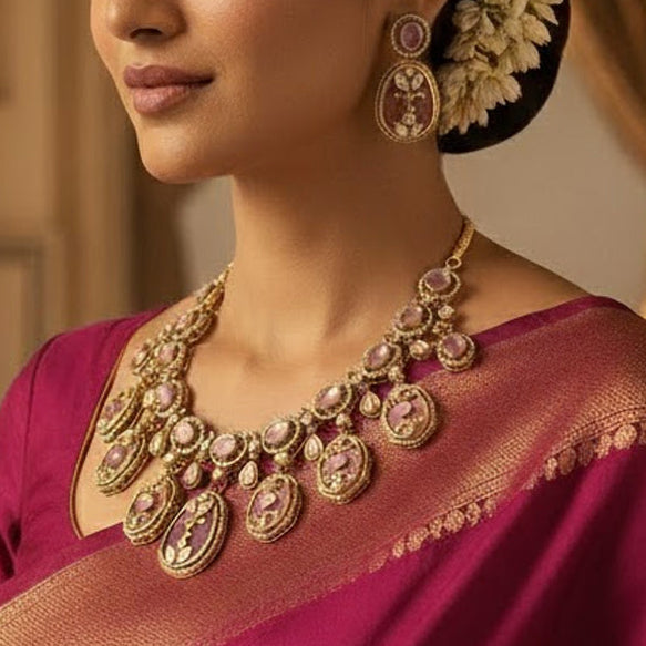 Handcrafted Holdali Victorian-Polish Moissanite Polki Necklace Set