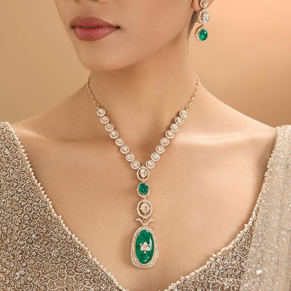 Luxury Emerald Drop Necklace Set with Polki Stones