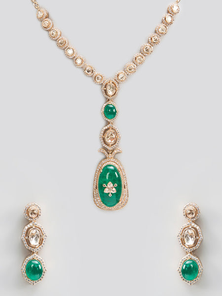 Luxury Emerald Drop Necklace Set with Polki Stones