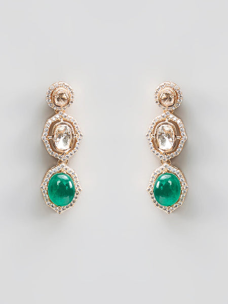 Luxury Emerald Drop Necklace Set with Polki Stones