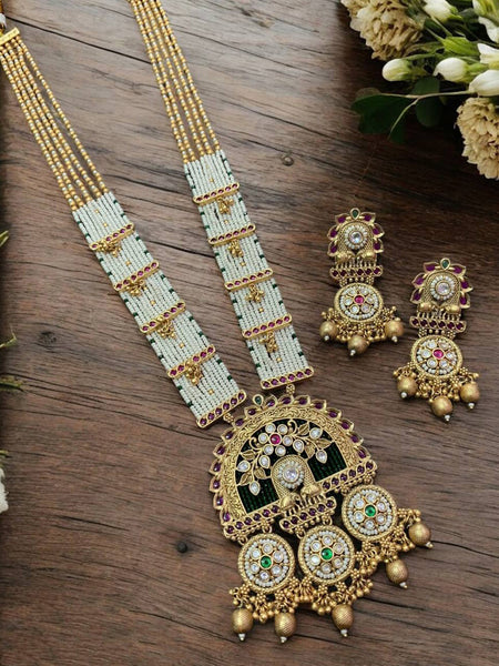 Royal Rajwadi Long Necklace Set with Premium Golden Plating