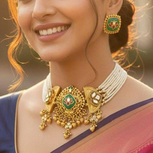 Handcrafted Fusion Brass Choker with Beaded Cheed Design