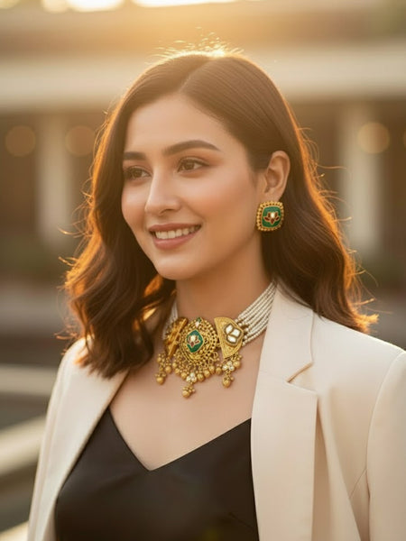 Handcrafted Fusion Brass Choker with Beaded Cheed Design