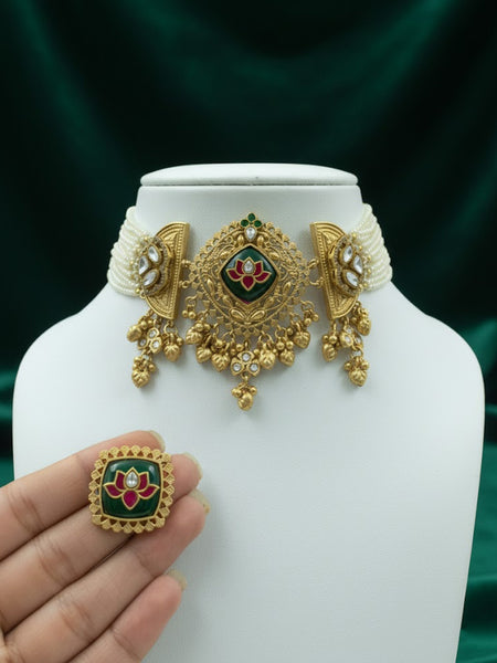 Handcrafted Fusion Brass Choker with Beaded Cheed Design