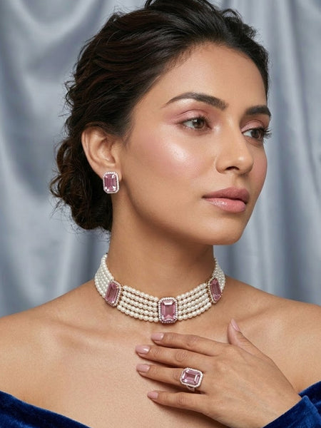 Pink Doublet Pearl Choker Set with American Diamonds