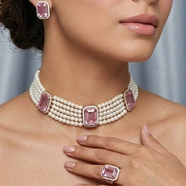 Pink Doublet Pearl Choker Set with American Diamonds