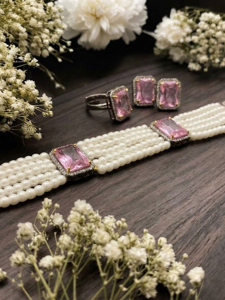 Pink Doublet Pearl Choker Set with American Diamonds