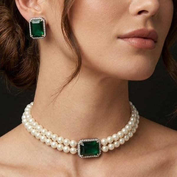 Victorian Polish Shell  Pearl Emerald Green Stone Choker Set