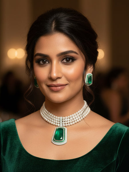 Elegant Pearl Choker Set with Grand Emerald-Green Polki Pendant