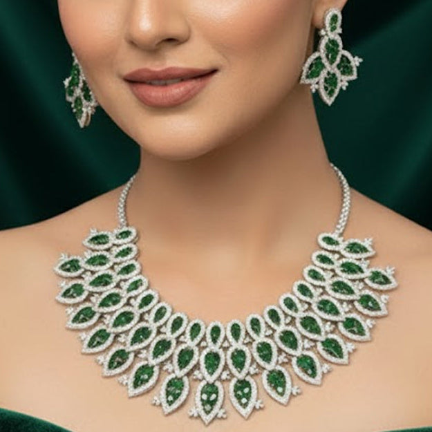 Silver Polish Bridal Necklace Set with Green Doublets & CZ Stones