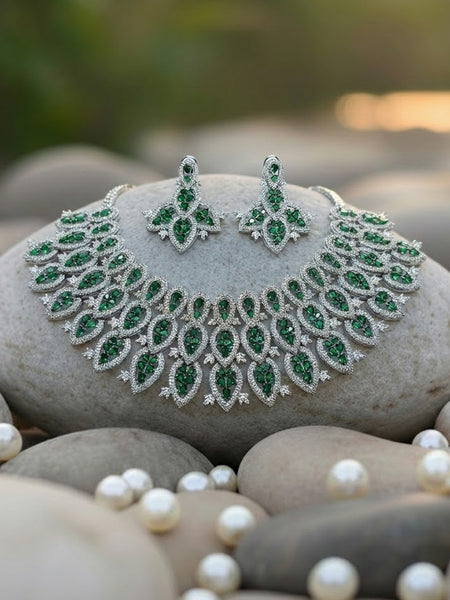 Silver Polish Bridal Necklace Set with Green Doublets & CZ Stones