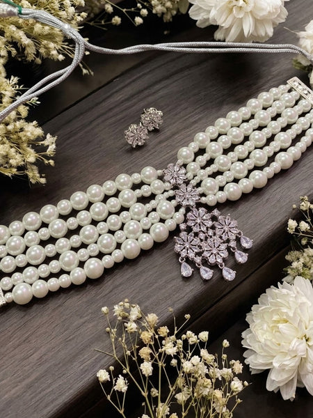 Elegant Multi-Layer Pearl Choker Set with American Diamond Floral Pendant