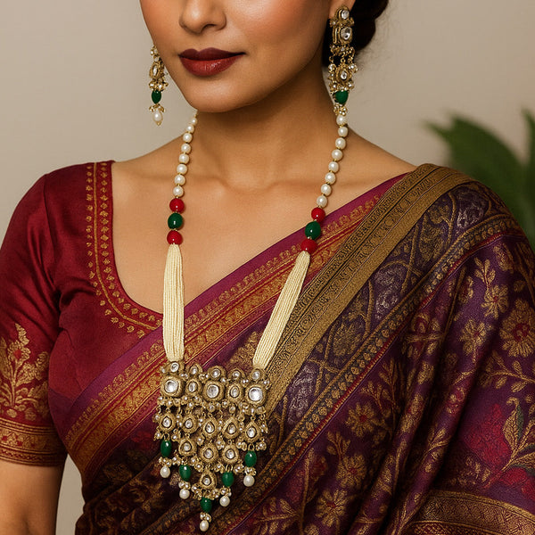 Traditional Green & Red Beaded Kundan Jewelry Set