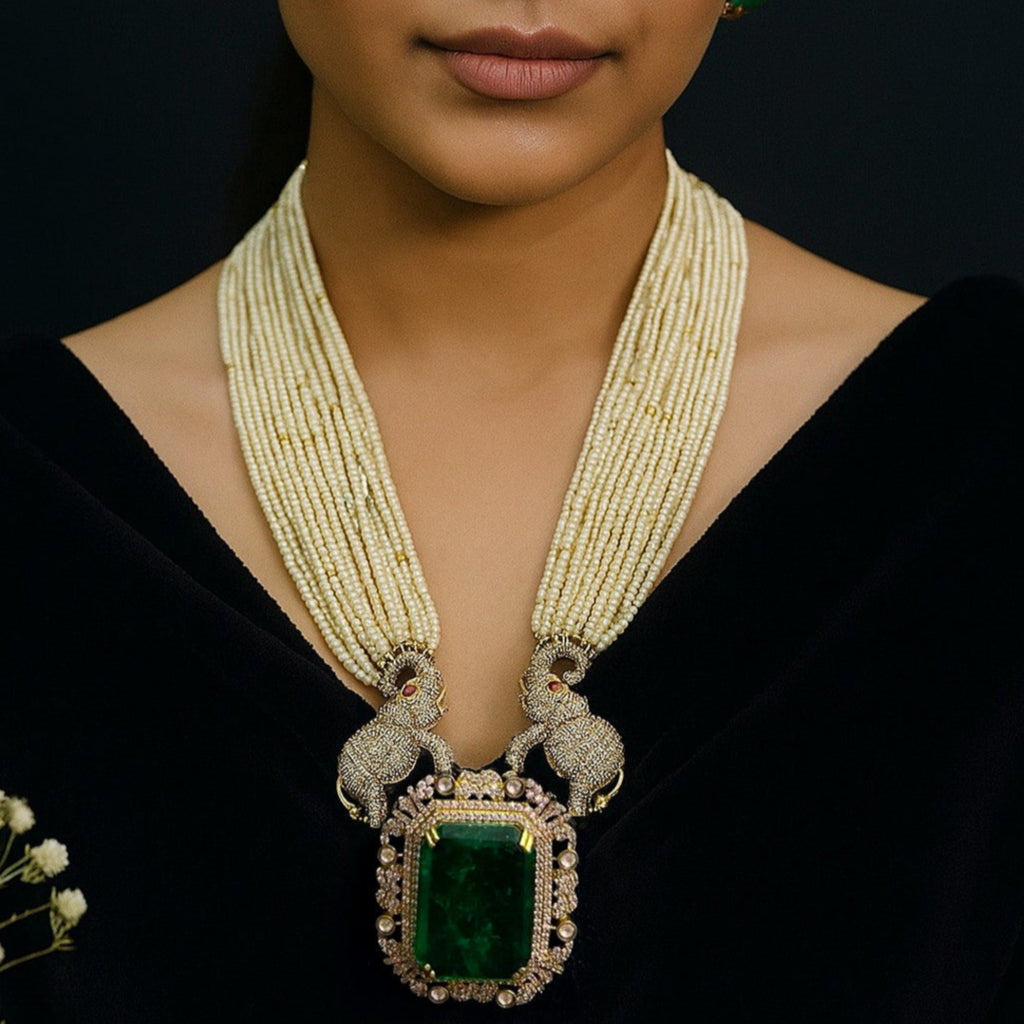 Majestic Emerald & Elephant Motif Long Necklace Set