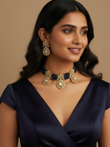 Elegant Onyx Beaded Victorian Necklace Set with Moissanite Polki CZ