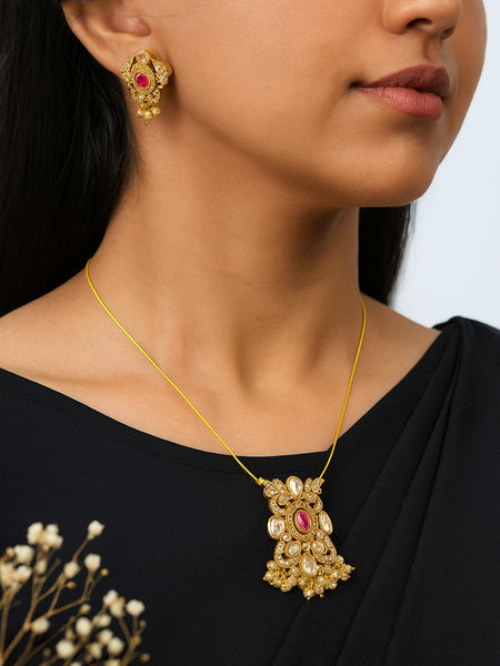 Stylish CZ & Moissanite Polki Pendant Necklace Set in Premium Brass