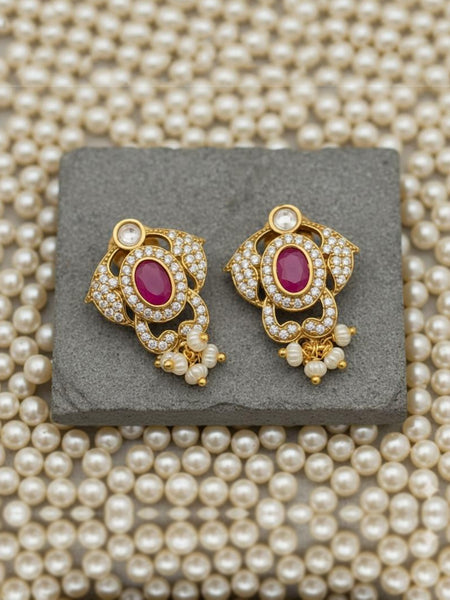 Stylish CZ & Moissanite Polki Pendant Necklace Set in Premium Brass