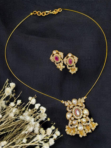 Stylish CZ & Moissanite Polki Pendant Necklace Set in Premium Brass