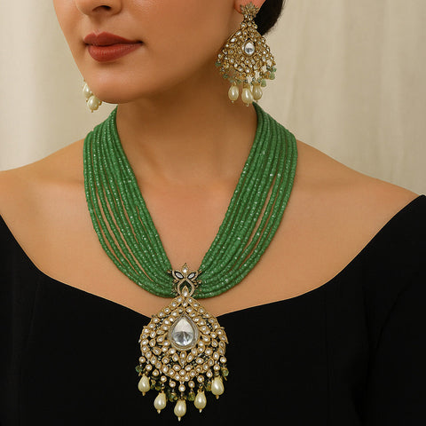 Elegant Green Beaded Kundan Necklace Set with Pearl Drops