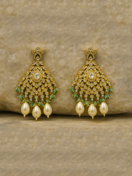 Elegant Green Beaded Kundan Necklace Set with Pearl Drops
