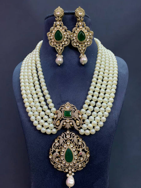 Royal Pearl and Green Stone Kundan Necklace Set