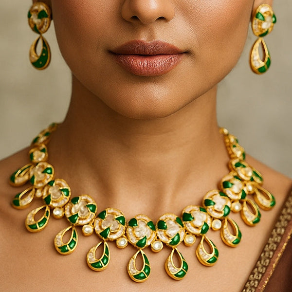 Elegant Moissanite Polki Necklace Set with Golden Polish & Teardrop Danglers