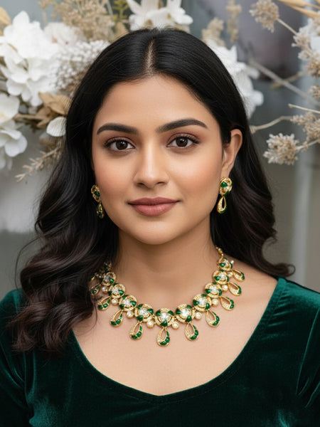 Elegant Moissanite Polki Necklace Set with Golden Polish & Teardrop Danglers