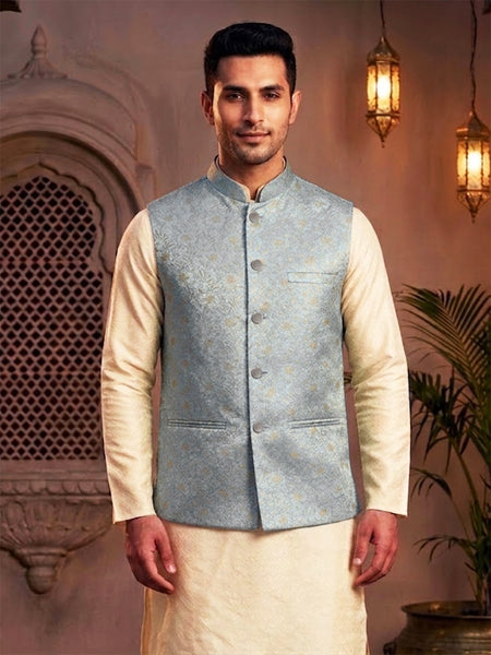 Elegant  Sky Blue Ethnic Nehru Jacket  for Men By Treemoda