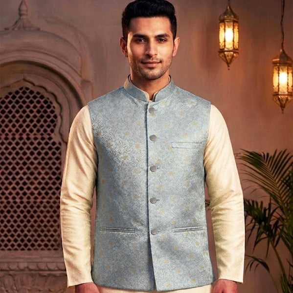 Elegant  Sky Blue Ethnic Nehru Jacket  for Men By Treemoda