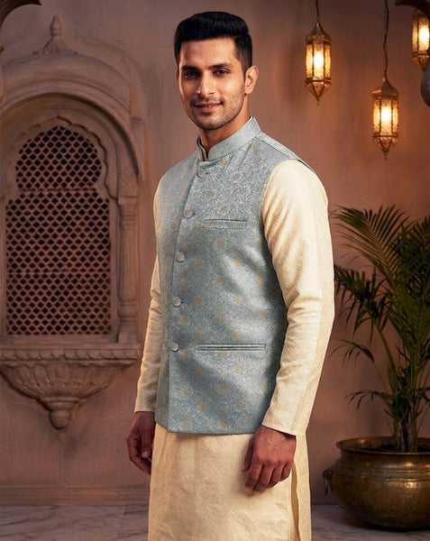 Elegant  Sky Blue Ethnic Nehru Jacket  for Men By Treemoda
