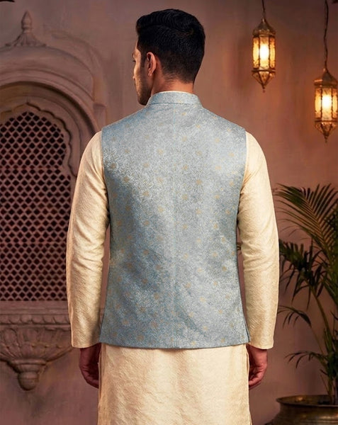Elegant  Sky Blue Ethnic Nehru Jacket  for Men By Treemoda