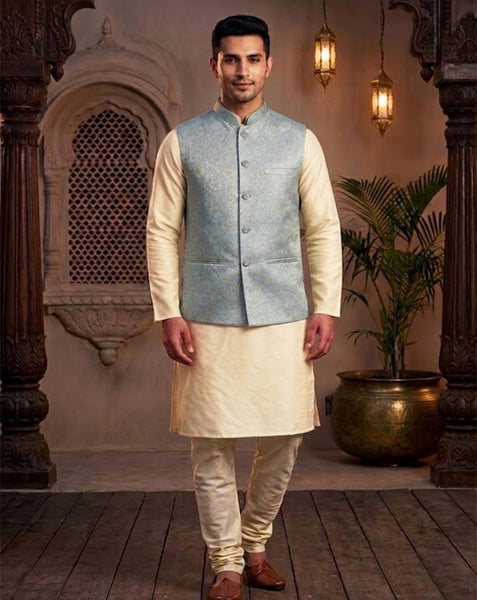 Elegant  Sky Blue Ethnic Nehru Jacket  for Men By Treemoda