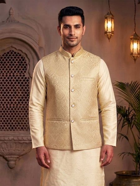 Elegant Royal Golden  Brocade Nehru Jacket  for Men By Treemoda
