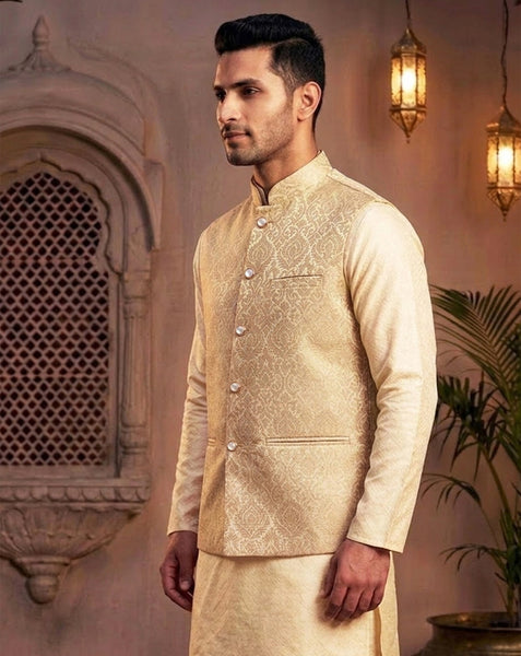Elegant Royal Golden  Brocade Nehru Jacket  for Men By Treemoda