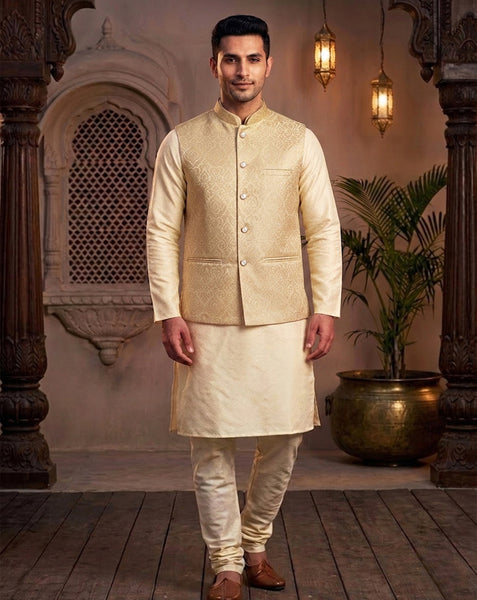 Elegant Royal Golden  Brocade Nehru Jacket  for Men By Treemoda