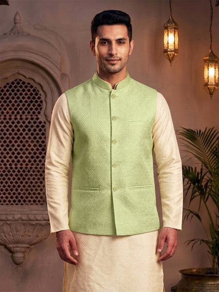 Elegant Mint Green Brocade  Nehru Jacket for Men By Treemoda