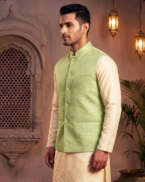 Elegant Mint Green Brocade  Nehru Jacket for Men By Treemoda