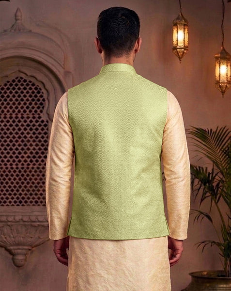 Elegant Mint Green Brocade  Nehru Jacket for Men By Treemoda
