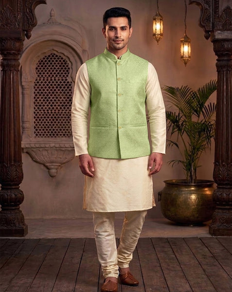 Elegant Mint Green Brocade  Nehru Jacket for Men By Treemoda