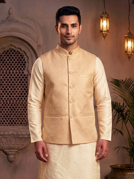 Stylish Peach Brocade Nehru Jacket Set for Men By Treemoda